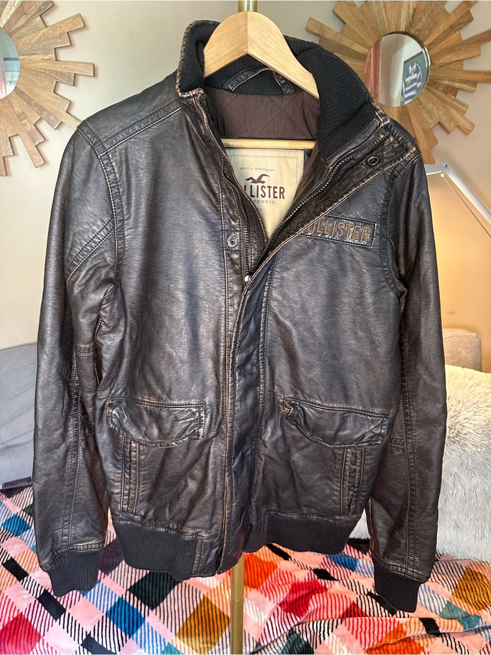 Hollister Men’s Brown Leather-Effect Bomber Jacket Palm Canyon Vintage Pleather